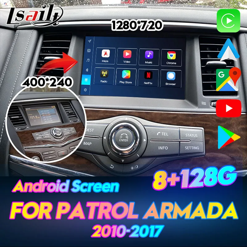 Lsailt 8+128GB 8 Inches Android Car Multimedia HD Screen for Nissan Patrol Armada 2011-17 Video Interface with Wireless CP +AA
