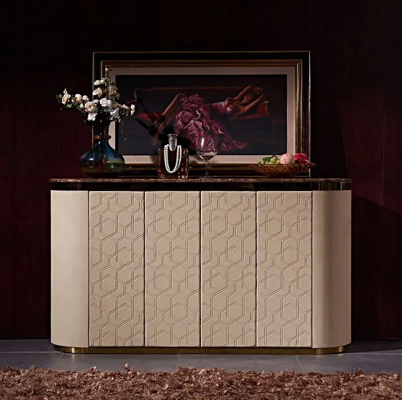 Premium Home Dining Room Cabinet Elegant Wooden Buffet with Multiple Drawers and Gold Base for Restaurant