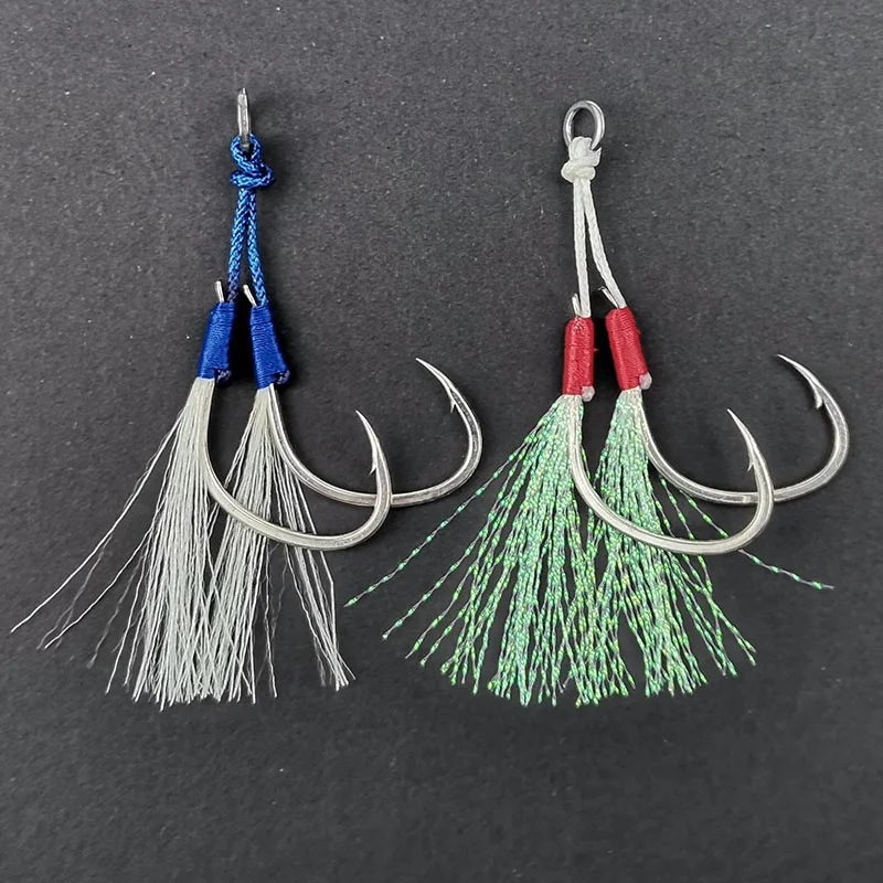 
ERRANTRY 1pcs PE Line Feather Solid Ring Jigging Spoon Fishhook Metal Jig Assist Hook 