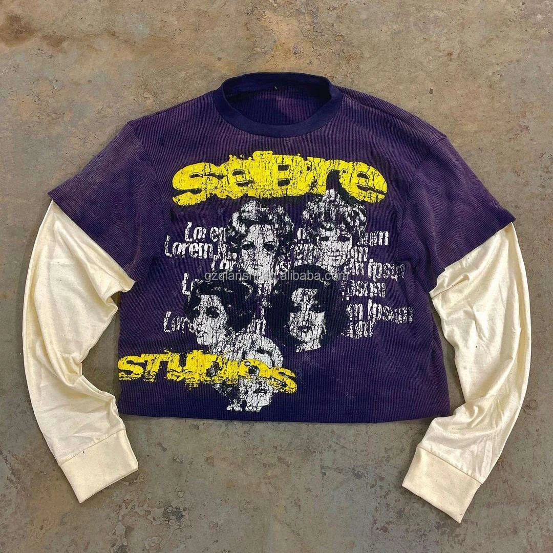 Custom corduroy Oversized graphic thermal long sleeve t shirts for men Vintage screen print double layer long sleeve t-shirt