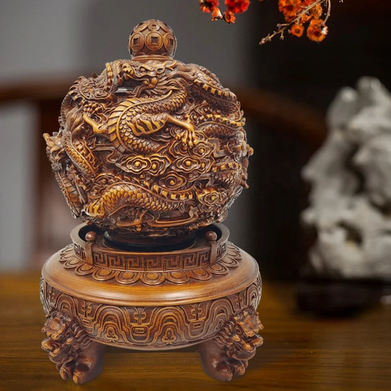 Traditional Chinese Feng shui figurines decorated wood grain color resin dragon ball statue crafts home decoration sculpture