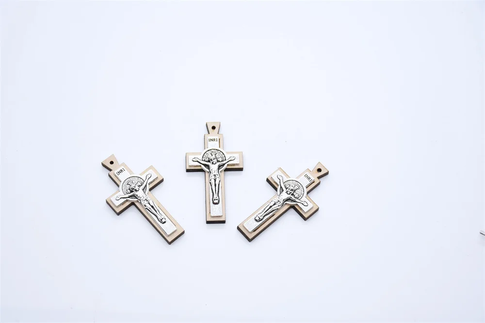 Religious Wooden Cross Charm Jerusalem St Benedict Alloy  Jesus Crucifix Pendant
