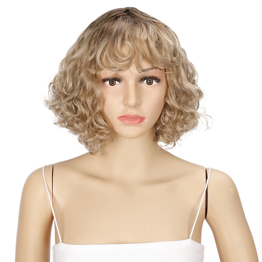 Rebecca Short Wigs for Black Women Curly Afro Kinky Wavy Wig with Bangs Black Natural Looking Synthetic Hair Replacement Wigs