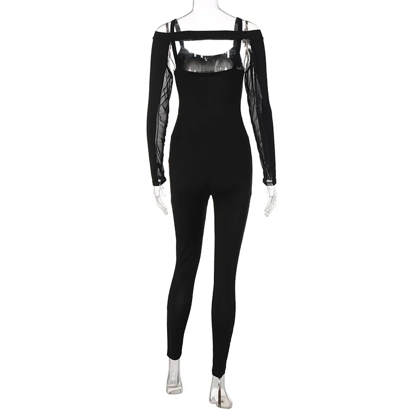 Free shipping Custom Wholesale Lady Jumpsuit Women Cut Out Sexy See Through Jumpsuit Mesh Breathable Bodycon Black Jumpsuits