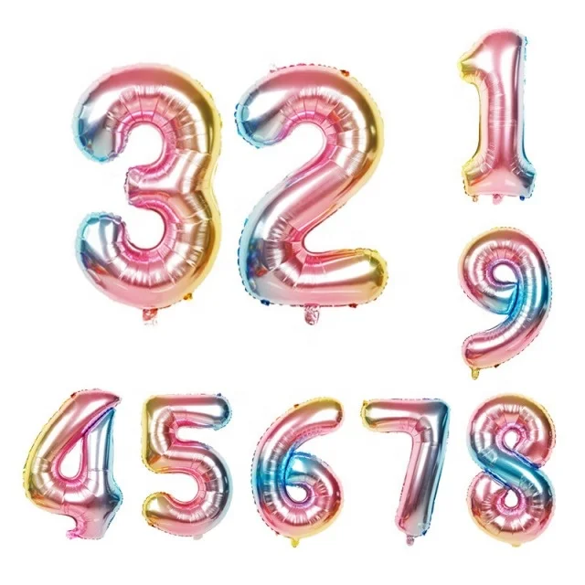 hot sale 32 inches rainbow number foil balloon inflatable number 0/ 1/2/3/4/5/6/7/8 /9 shaped foil balloon for happy birthday