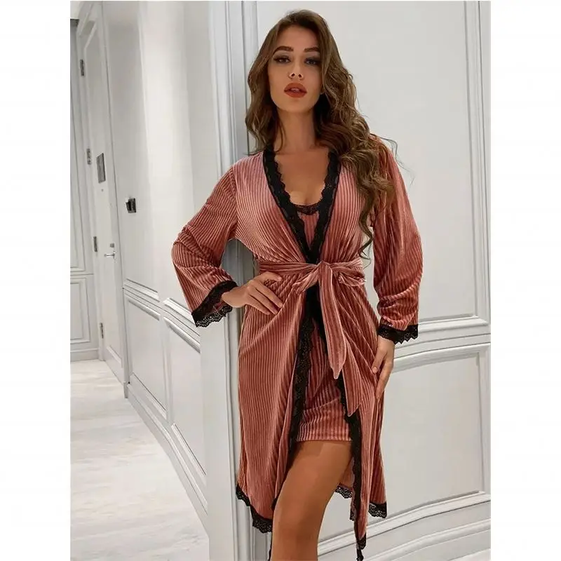 X2324 ODM Plus size women pajamas comfortable velour night dress for woman sexy kimono robe set 2 pieces pyjamas women sleepwear