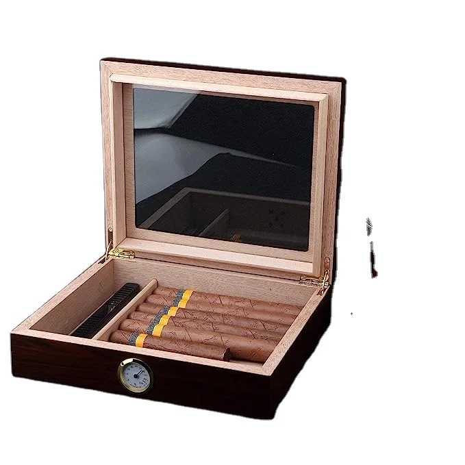 Handmade Cigar Humidor, Cedar Cigar Desktop Box with Humidifier and Hygrometer, Glass Top for 25 Cigars