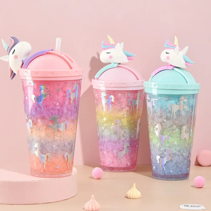 Cheap colorful 450ml girls unicorn glitter juice milk tumbler kawaii double wall plastic cold drink ice cream cup with straw