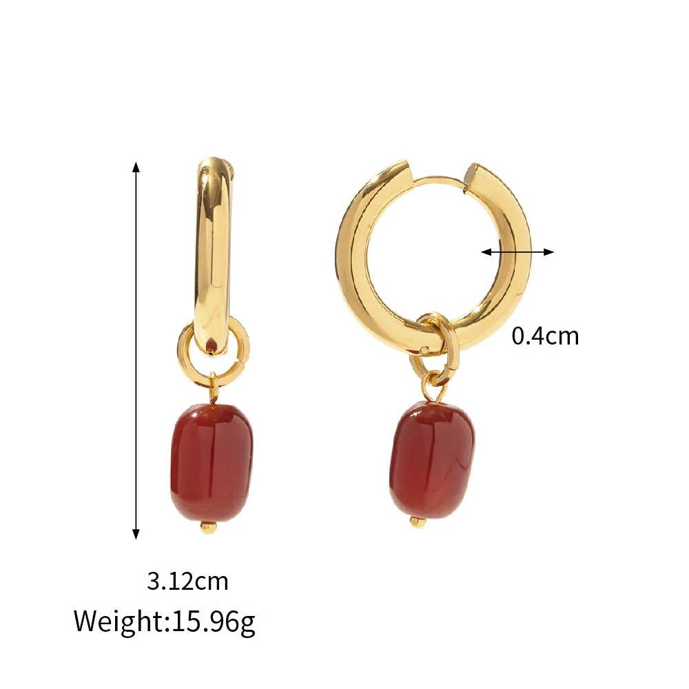 Trendy jewelry wholesale gold plated natural gemstone ruby red agate stone pendant drop stainless steel earrings for woman