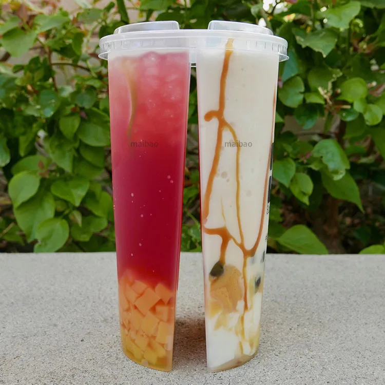 Custom Logo Boba Tea Cups Plastic Twins Share Disposable Split Plastic Cups 16 oz 700ml Fresh Juice Split PP Cup With Two Flavor