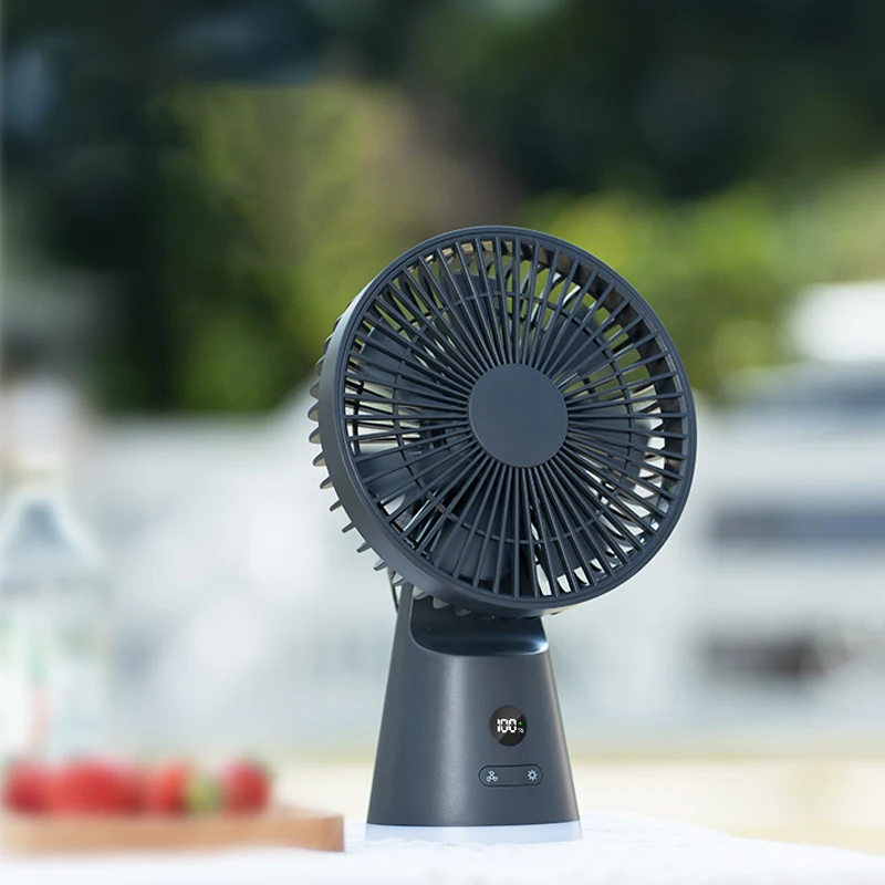 New Rechargeable Fan Angle Adjustable Led Power Display 5 Gears Wind Speeds Bottom Night Light Portable Fan