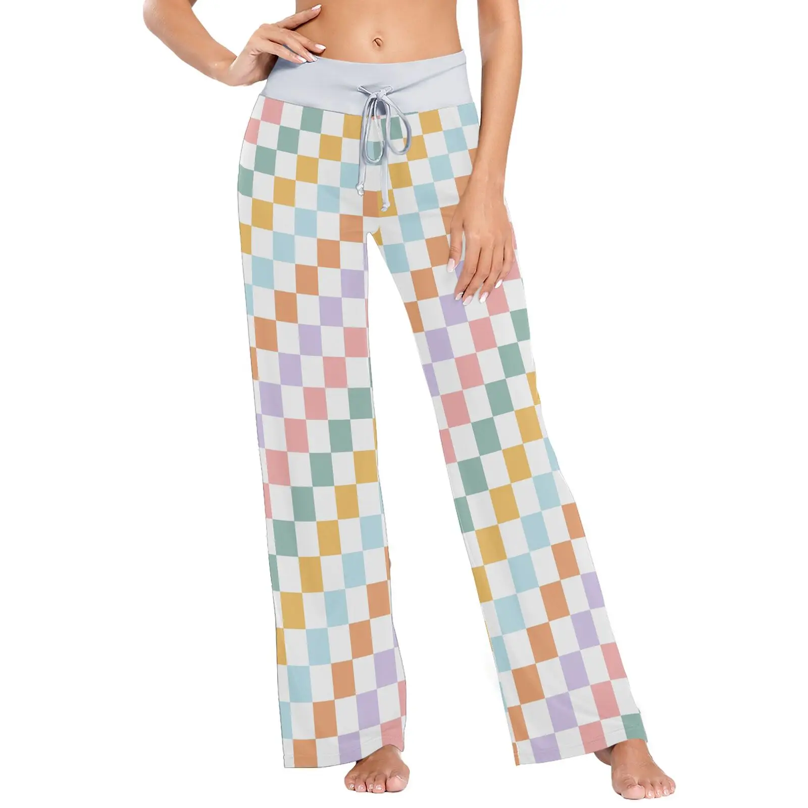 Разноцветные клетчатые эластичные брюки с эластичным поясом, женские пижамные штаны с карманами