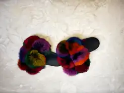 custom indoor oem logo blue real fox fur fluffy slides sandals slipper for women