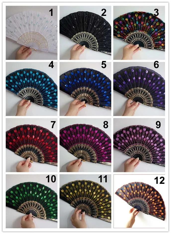 [I AM YOUR FANS] Embroidery Sequin Hand Fan Classic Plastic Frame Fabric Dancing Hand Fan for Holiday Events Wedding