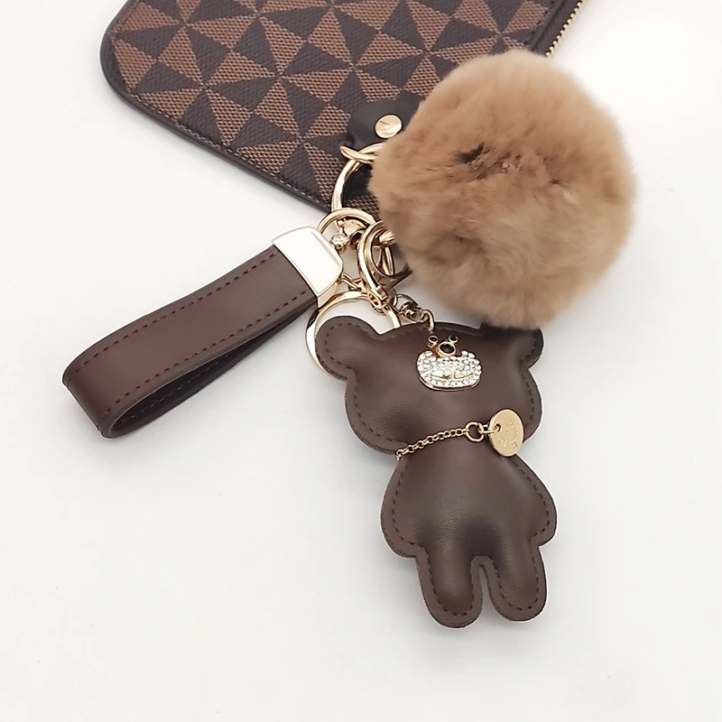 Luxury Brown PU Leather Small Mini Bling Key Ring Ornament Wholesale Bear Keychain with pompom