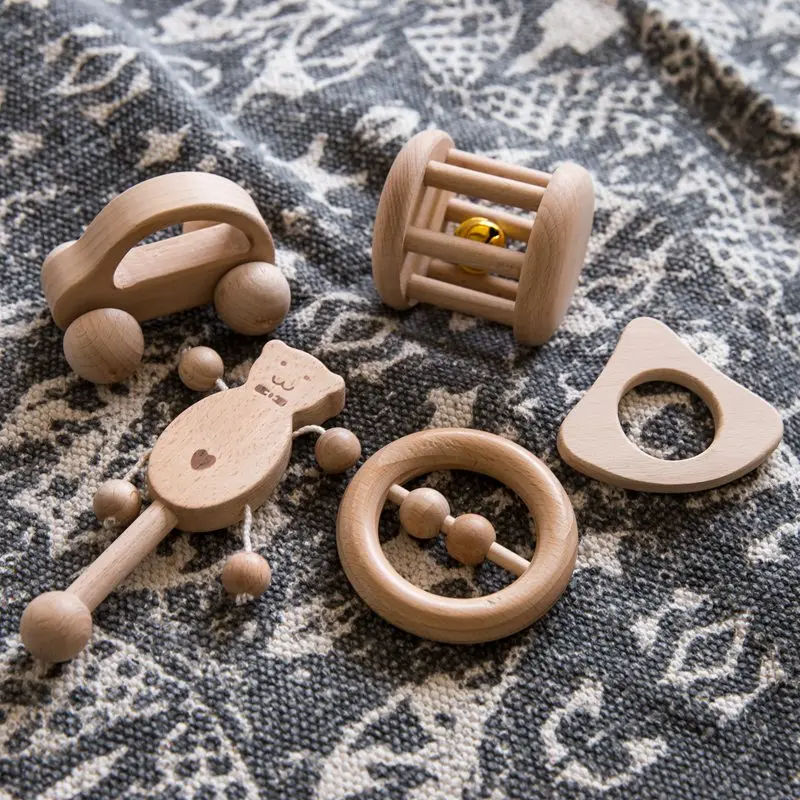 Для малышей, 5 шт. бука в форме автомобиля мультфильм прорезывание зубов ручки набор деревянная погремушка theether Погремушки Игрушки для малышей