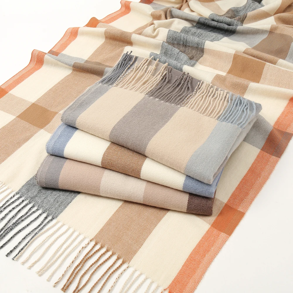 Зима 2022, модная шаль из пашмины с кисточками, женские шерстяные шарфы, плотный кашемировый шарф с принтом в клетку