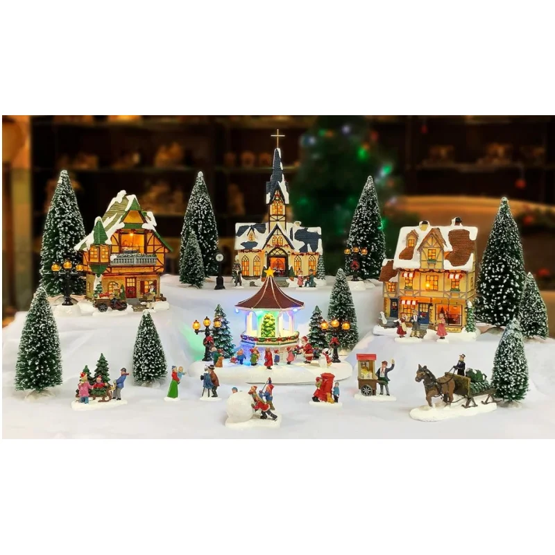 Polyresin/Resin christmas village Moments in Time Christmas Village 30 pc Set, with LED Lights, Battery Operated (not Included)
