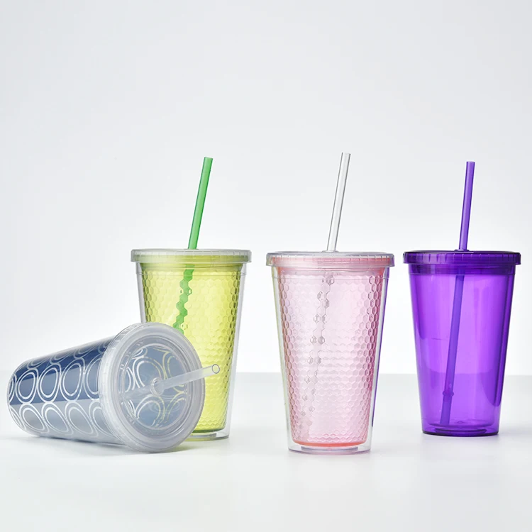 Clear leakproof 16 oz drinking glasses plastic double insulated tea infusers tumblers with lid and straw