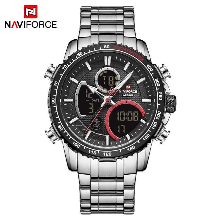 NAVIFORCE 9182 Роскошные модные мужские часы ведущей марки кварцевые цифровые Военные Спортивные Серебристые наручные из нержавеющей
