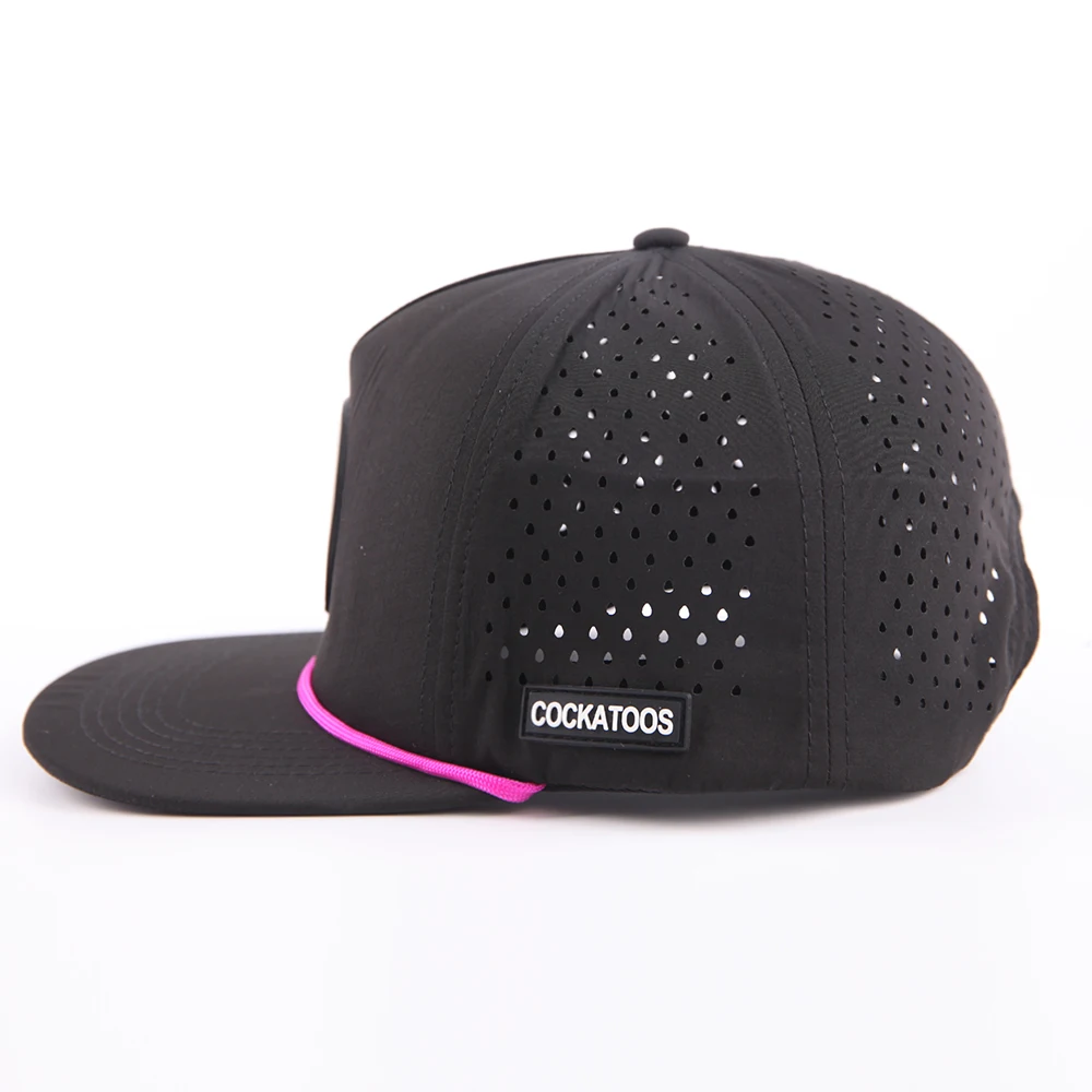 Custom 5 Panel Rubber Patch label Flat Bill Hip Hop Snapback Caps,Waterproof Laser Cut Hole Perforated Hat