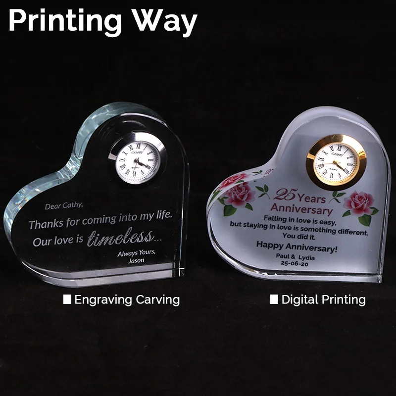Wedding Favors Gifts Crystal Heart Shape Clock Custom Logo Crystal Table Clock Wedding Souvenirs For Guests