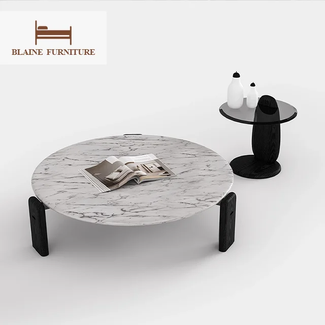 New Design Living Room Furniture Black Glass Fashion Modern Round Coffee Table With Ash Solid Wood Base Coffee Table