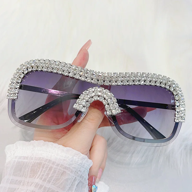 2024 New arrival women trendy diamond bling crystal sunglasses oversized y2k punk one piece vintage sunglasses