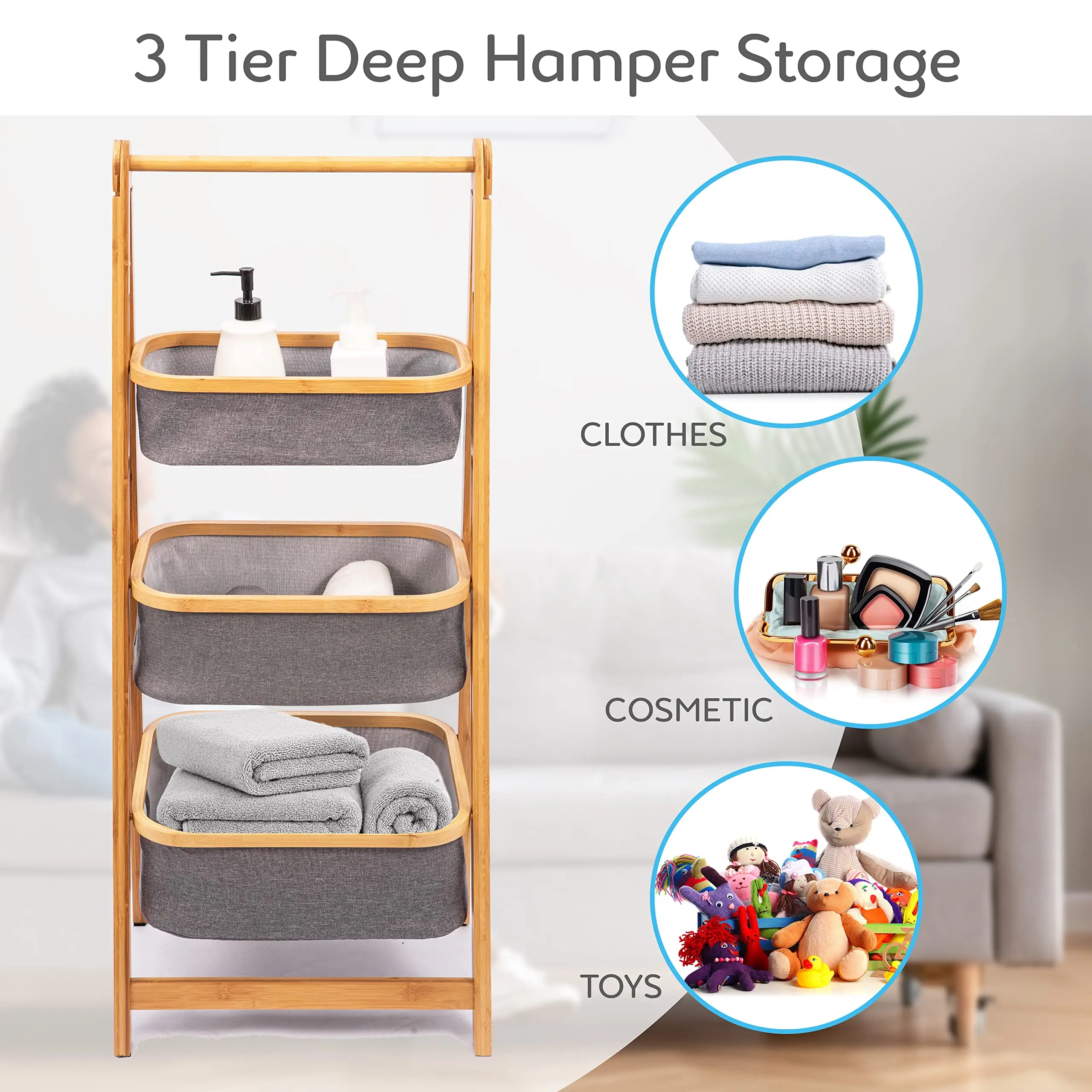 3 Tier Fold Out Hamper Shelf Storage Space Saving Collapsible Foldable Natural Bamboo Wooden Organizer Removable Baskets