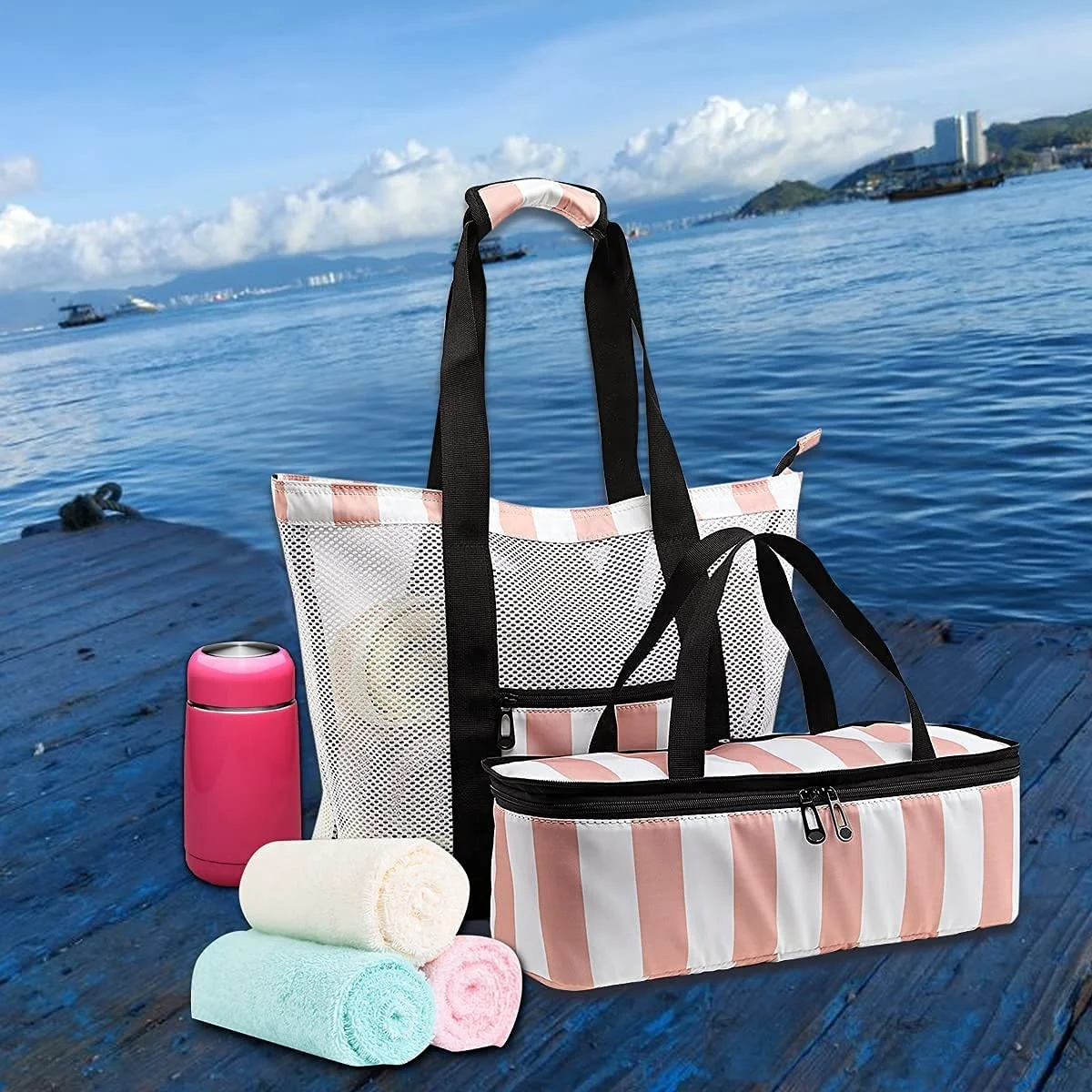 Tote Mesh Beach Bag with Cooler Sections Pool Bag for Women Detachable Insulated Picnic Bag