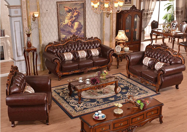 Foshan factory European antique Leather Living room furniture set