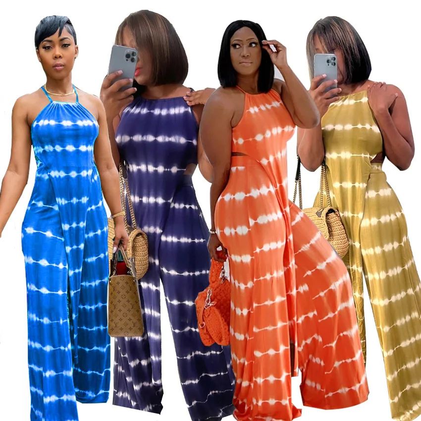 2022 summer new halter straight pants two piece tube set printed trousers wide leg pants suit women
