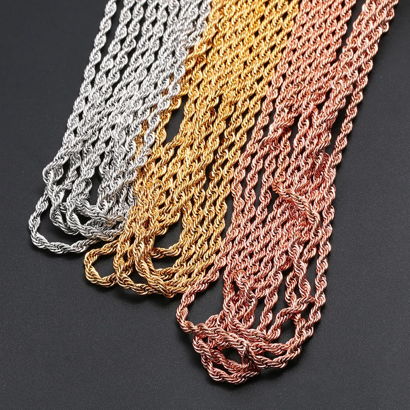 3mm rope chain Stainless Steel Hips hop jewelry gold silver rose black rope chain necklace jewelry