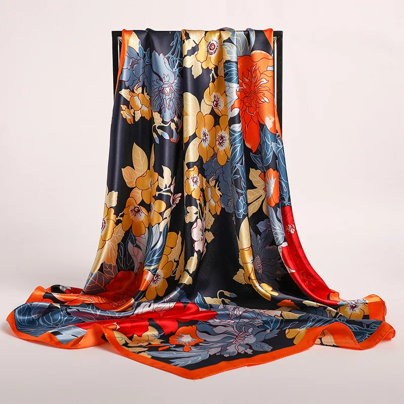 2024 New arrival Imitated silk satin silk scarf fashion luxury flowers print 90 * 90 square scarf milk silk shawl