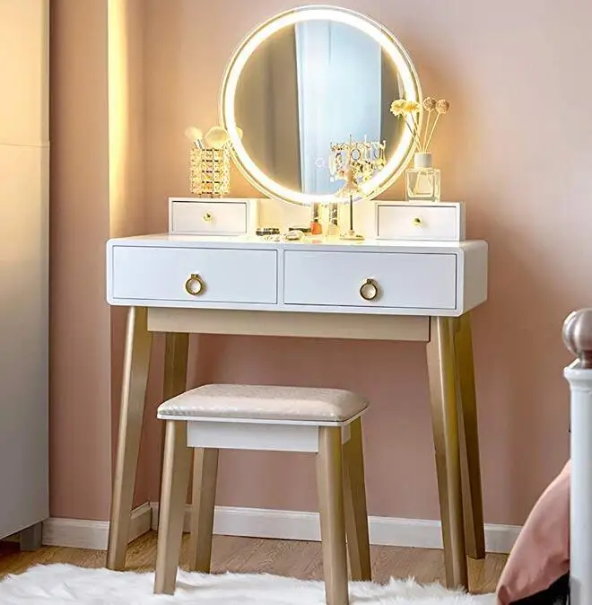 Быстрая доставка со склада, белый столик со светодиодной подсветкой и обивкой с 4 ящиками и табуретом