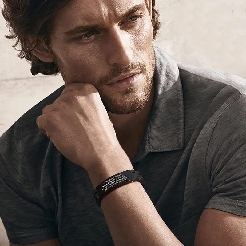 Custom Name Engraved Dad Wristband Fathers Day Jewelry Gift Men Blue Black Stainless Steel Silicone Leather Bracelet