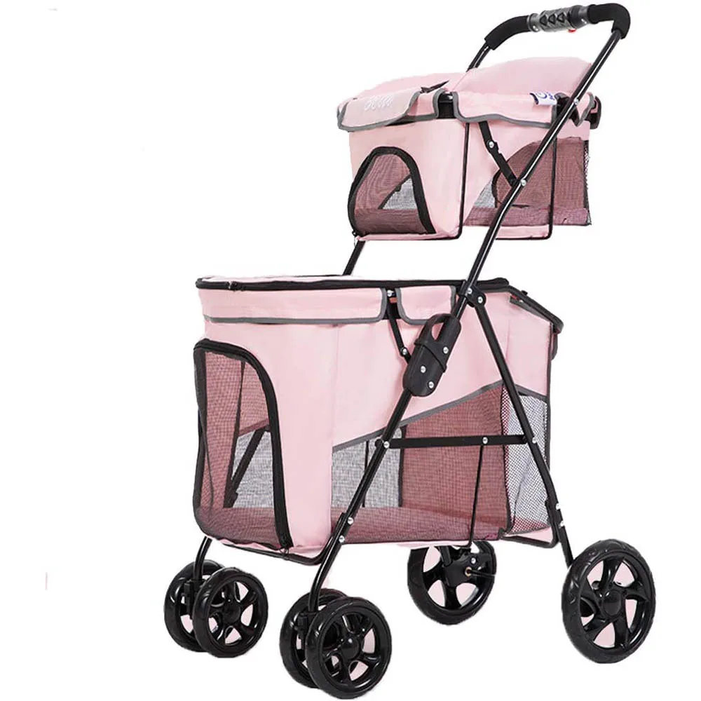 
4 Wheel Foldable Travel Carriage pink double dog joggin stroller for Large or 2 Dogs 