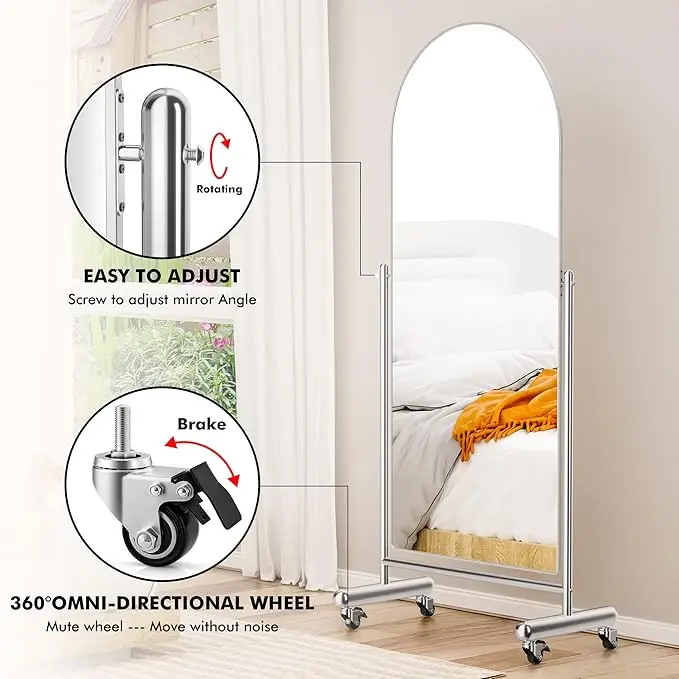 Full Length Mirror on Rolling Wheels Arched Mobile Standing with Stainless Steel Frame Modern Dressing Floor Mirror Home Decor