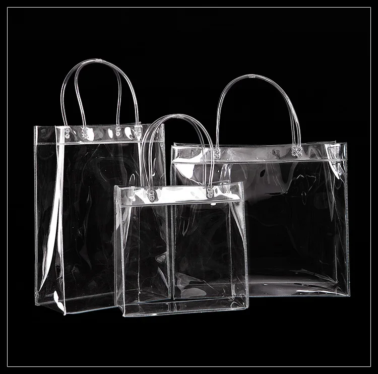 PVC Transparent Button Handbag Plastic Carry Bag Storage Gift Cloth Waterproof Shopping Bag