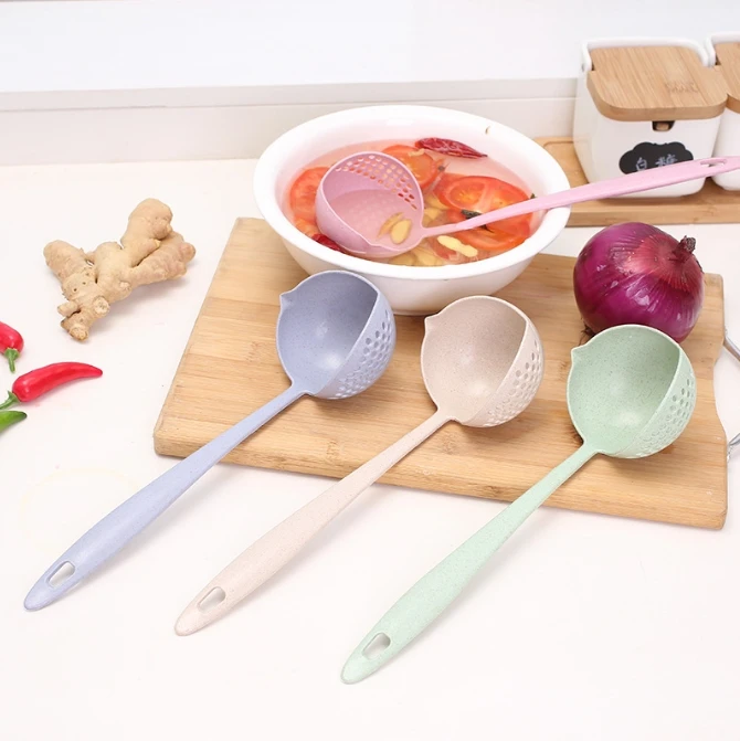 2in1 Long Handle Modern Design Wheat Straw Colander Soup Drainer Kitchen Accessories Tool Modern Style Soup Spoon and Drainer