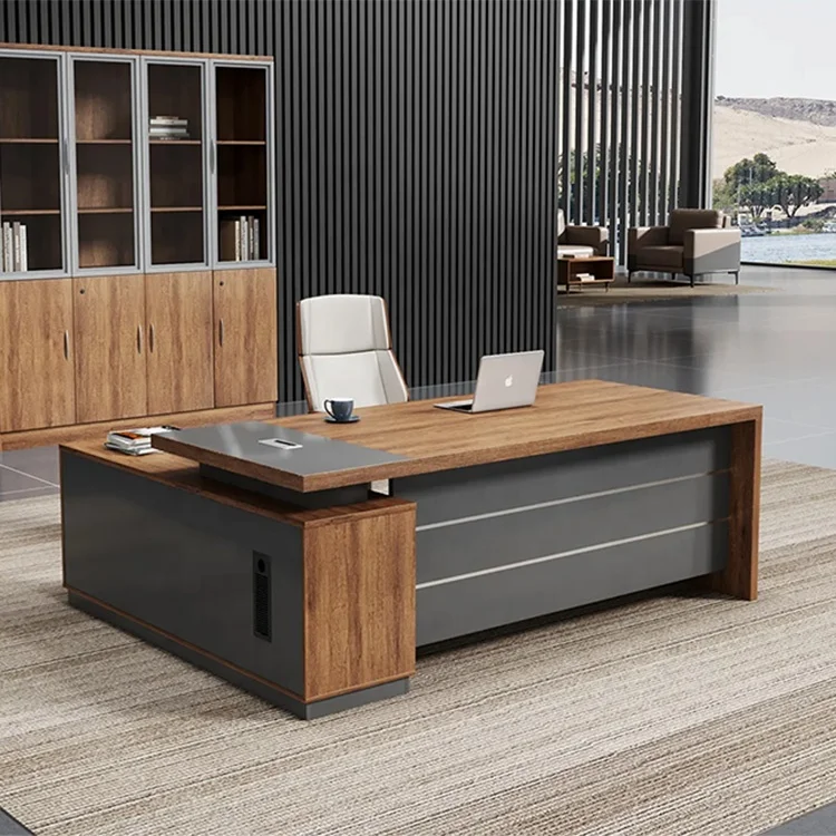 Traditional Style Single Person Executive Office Manager Desk With Walnut Veneer L Shape Wood Working Table For Home Office Use