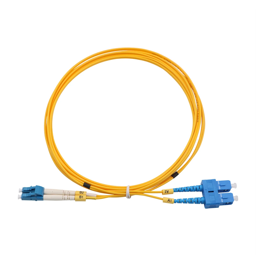 LC/UPC-SC/UPC Singlemode Duplex 2F 3.0mm Optical Fiber Patchcord With Blue Color Connector And Yellow PVC Jacket