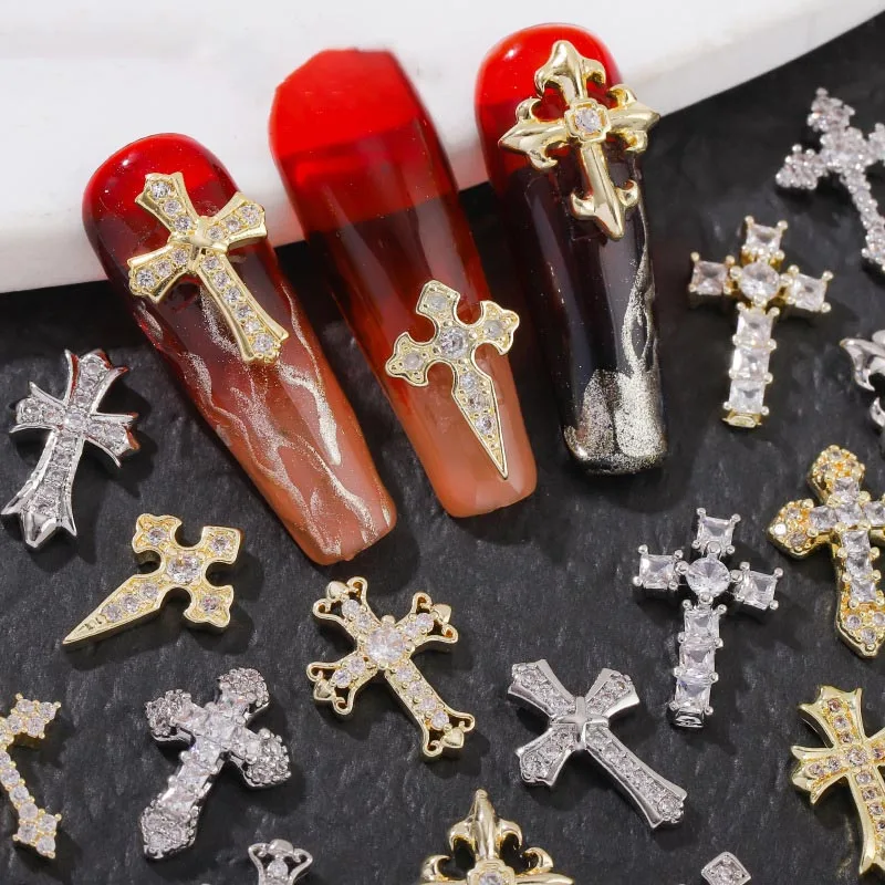 Retro Cross Nail Charm Alloy Rhinestones Cross Charms Punk Gothic Nail Art Supplies for Acrylic Nail Decoration