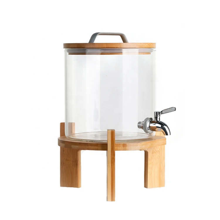 Glass Beverage Drink Dispenser on Wooden Stand with Airtight Bamboo Lid and Stainless Steel Spigot