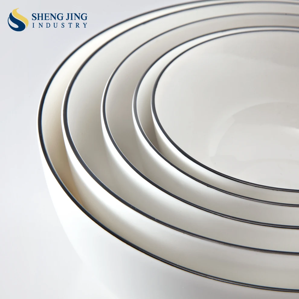 Shengjing Western Ceramic Tableware Wholesale Creative White Black Rim Porcelain Soup Rice Bowl Hotel Restaurant
