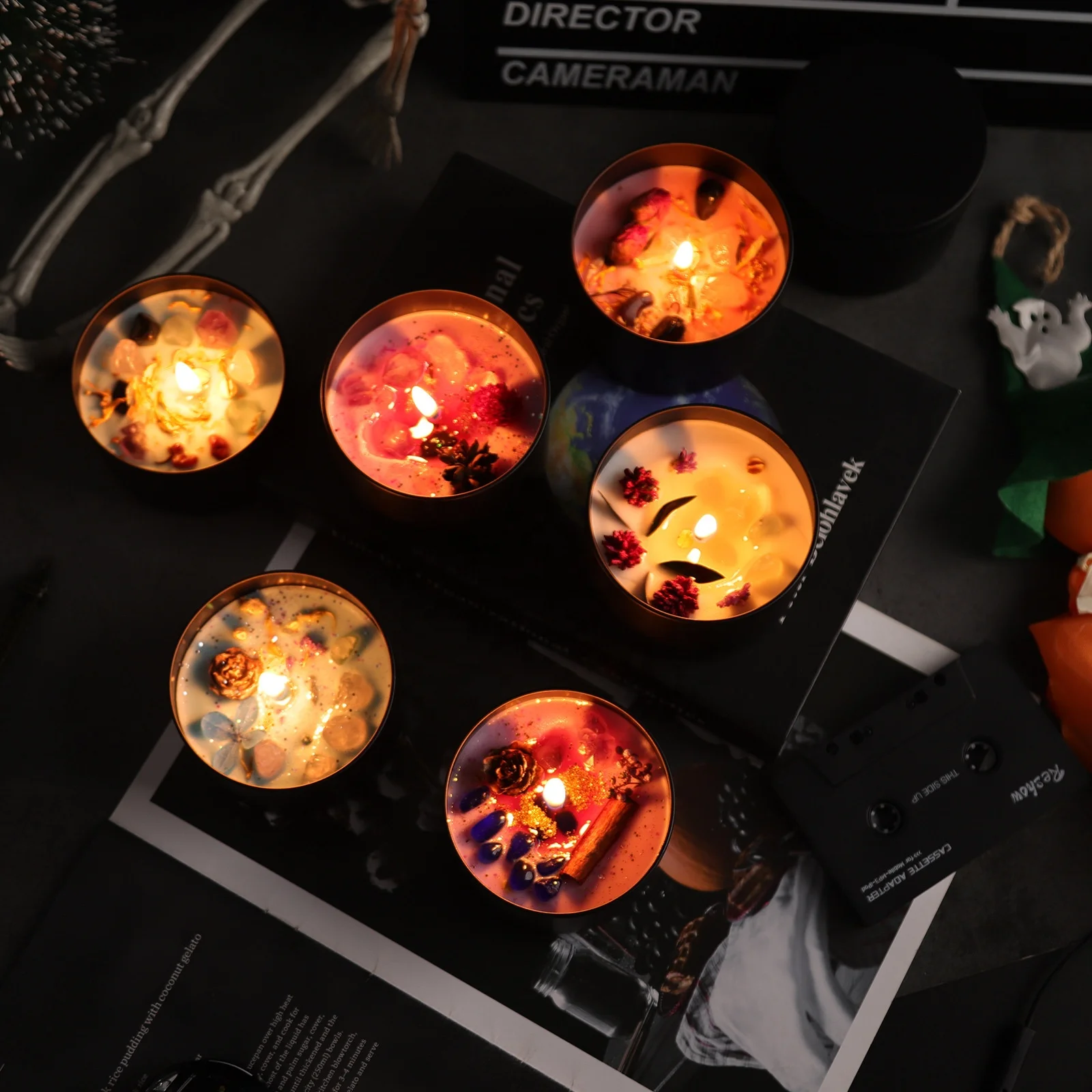 Custom Logo Best Gift Scent Oil Low Moq Guest Sand Wax Black Glass Three Wick 7 Chakra Healing Scented Candle