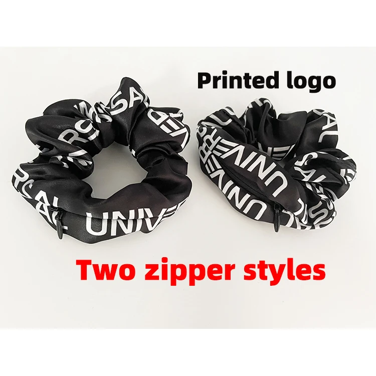 Custom print scrunchies with zipper logo elastic hair band women elegant silk satin scrunchies with pocket