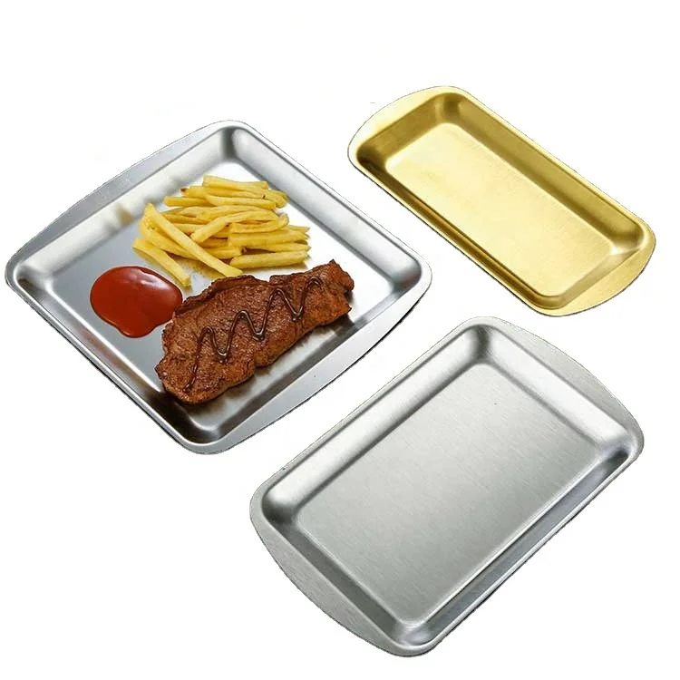 Stainless Steel 304 Dinner Plate Korean Style Rectangle Dishes Plate Party Food Serving Flat Tray Barbecue Dessert Plate