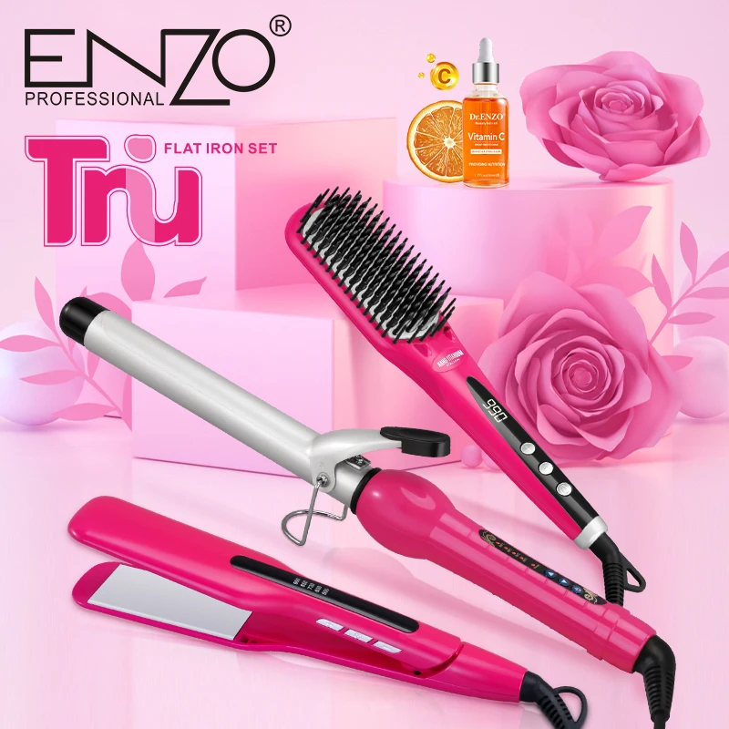 ENZO 3 in 1 Hot Comb Hair Straightener electric Hot comb for wigs brush flat iron hair curler styling tools