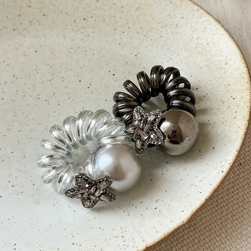 Genya New Design Pearl Beads Plastic Telephone Wire Hair Ties High Elastic Rubber Hair Band for Women Girls elastic hair bands